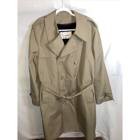 Clippermist Trench Coat Mens Size Medium Khaki Button Up Belt Faux Fur Lined EUC - Picture 1 of 13